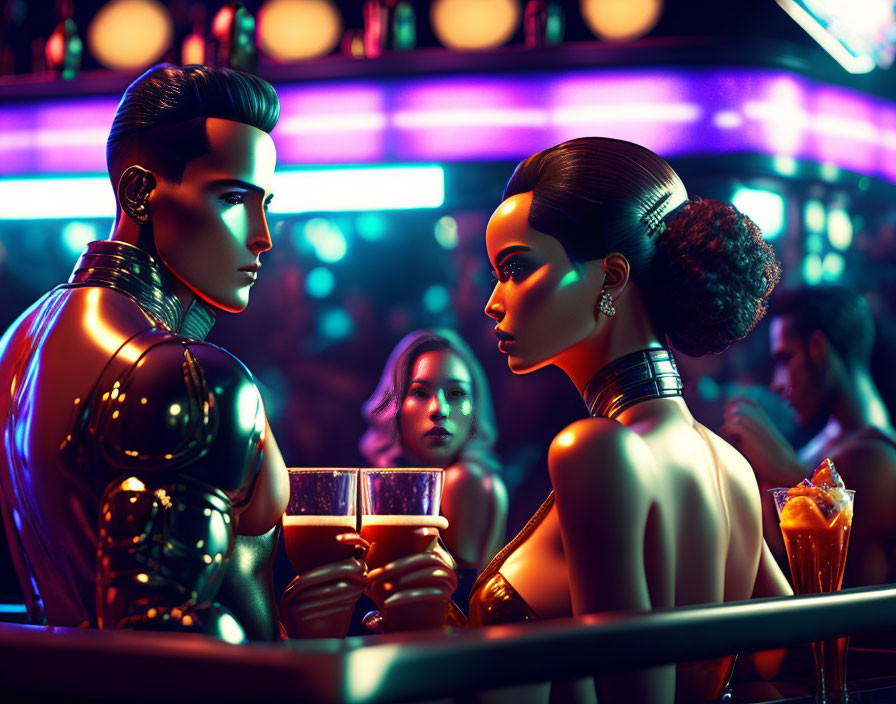 Futuristic androids with metallic skin at a neon-lit bar