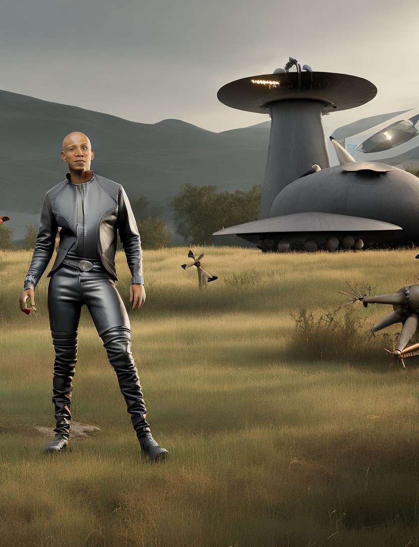 Futuristic suit person in field with spaceships and drones