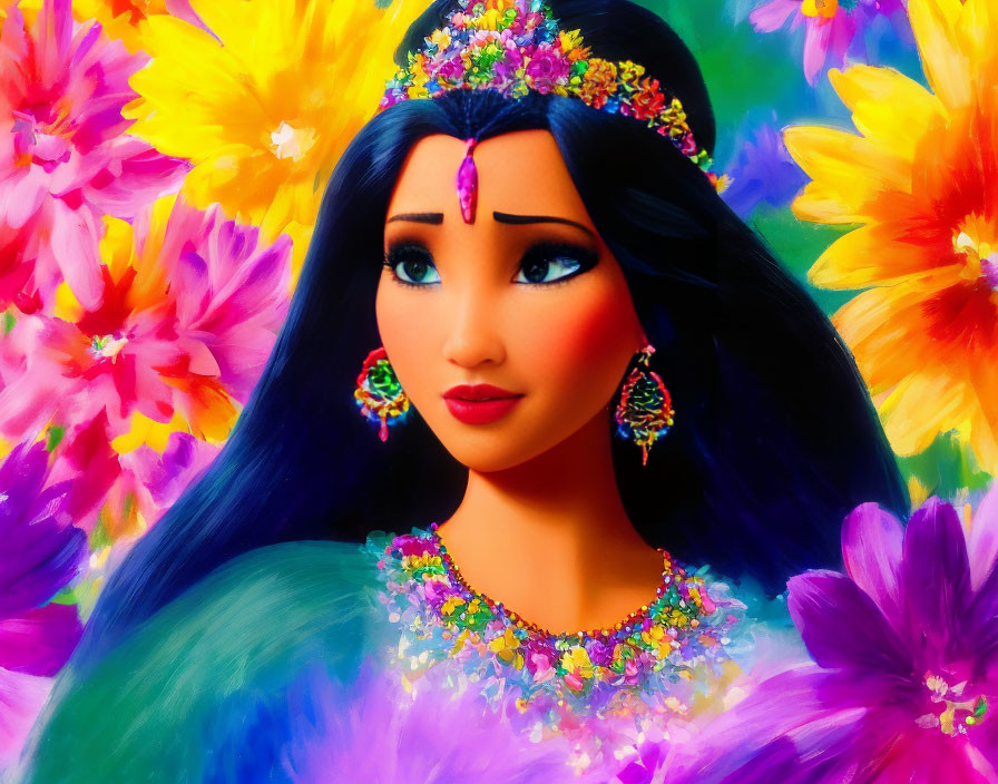 Colorful Portrait of Animated Princess with Blue Hair and Floral Jewelry