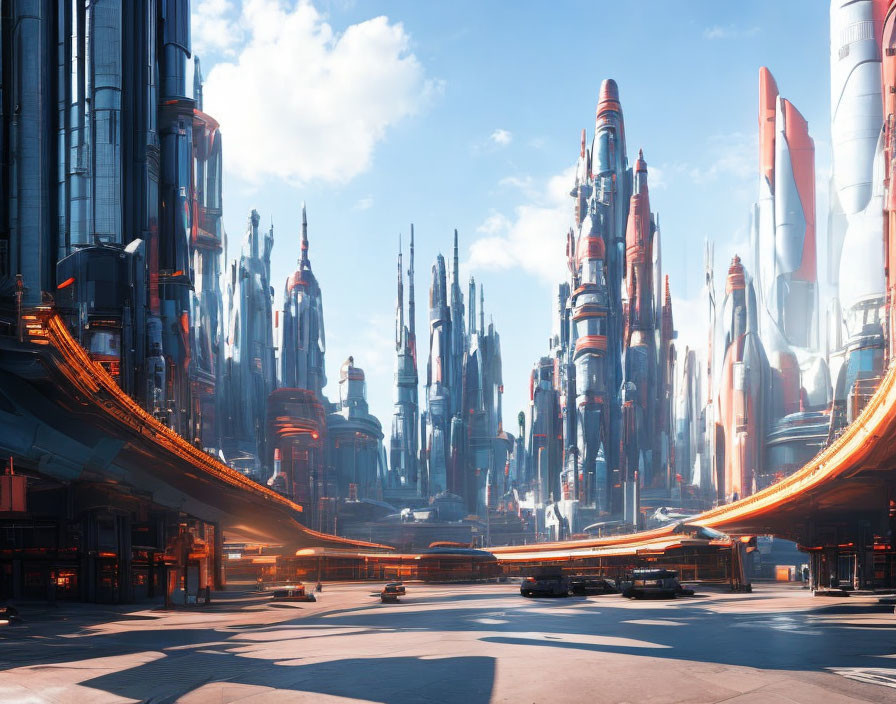 Futuristic Cityscape with Towering Skyscrapers and Curving Roads