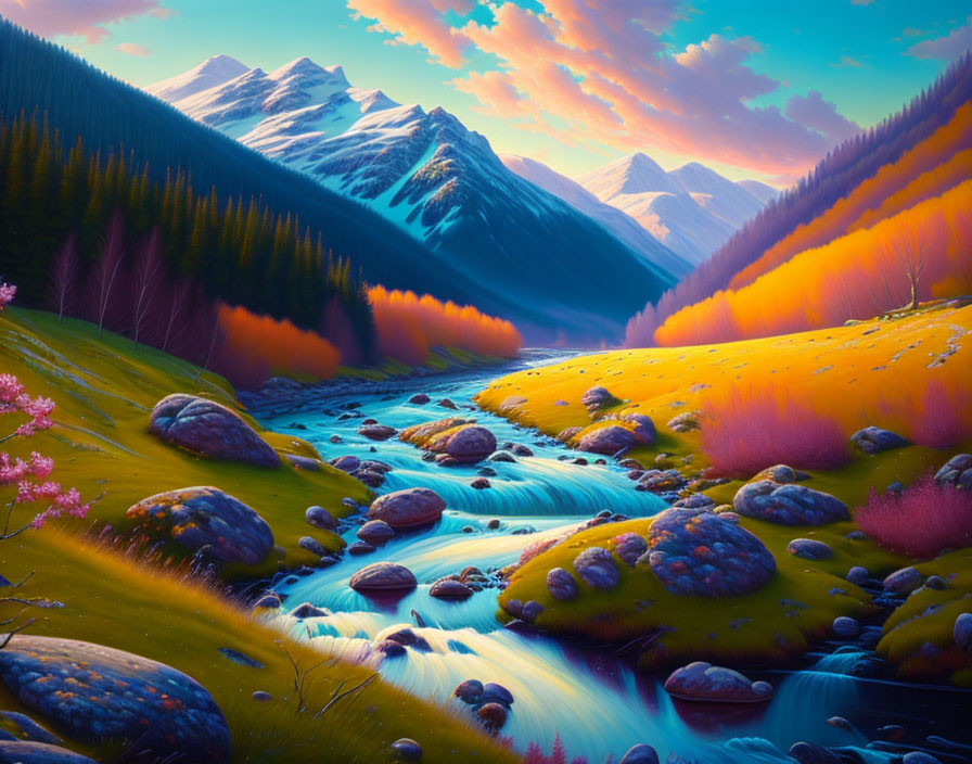 Colorful digital artwork of mountainous landscape with river, foliage, and snow-capped peaks at sunset