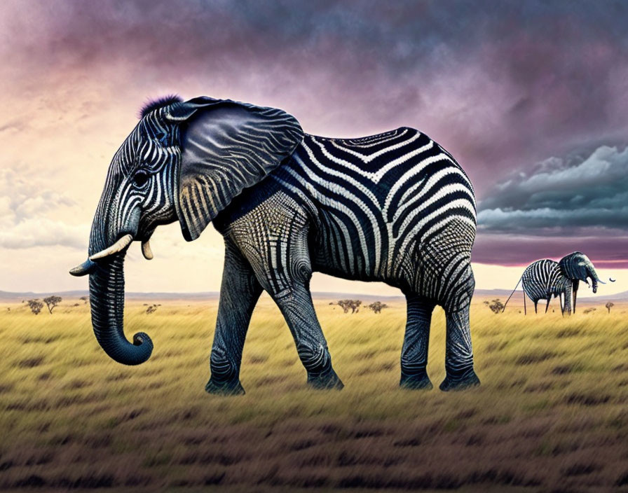 Elephant with zebra stripes in savanna under dramatic sky