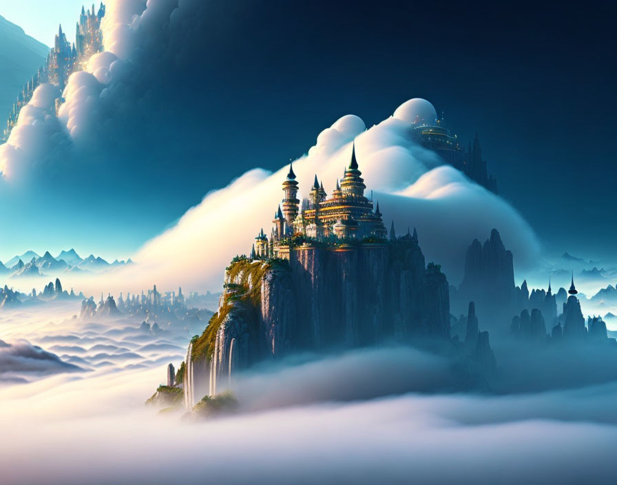 Majestic fantasy landscape with towering spires and castles on cliffs