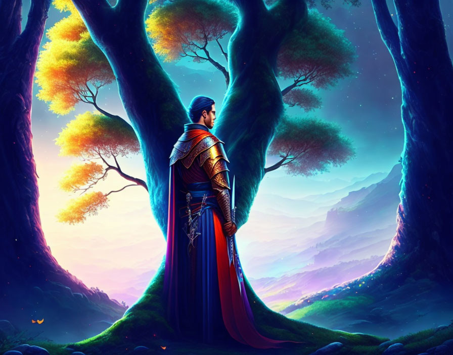 Armored figure amidst giant trees at twilight with vibrant mountain horizon