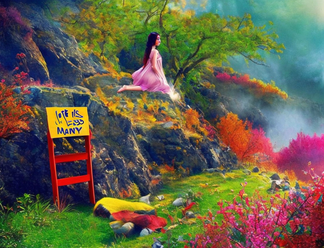 Woman in pink dress on yellow ladder in vibrant fantasy landscape with whimsical sign