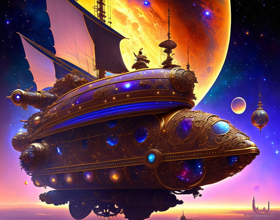 Fantastical ship sailing through cosmic sky with planets, blending old-world galleon and futuristic spacecraft