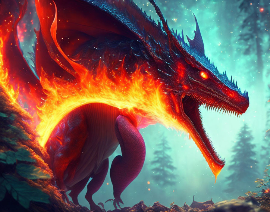 Red Dragon with Glowing Eyes in Mystical Forest