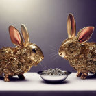 Steampunk-style mechanical rabbits sharing metal parts in image.