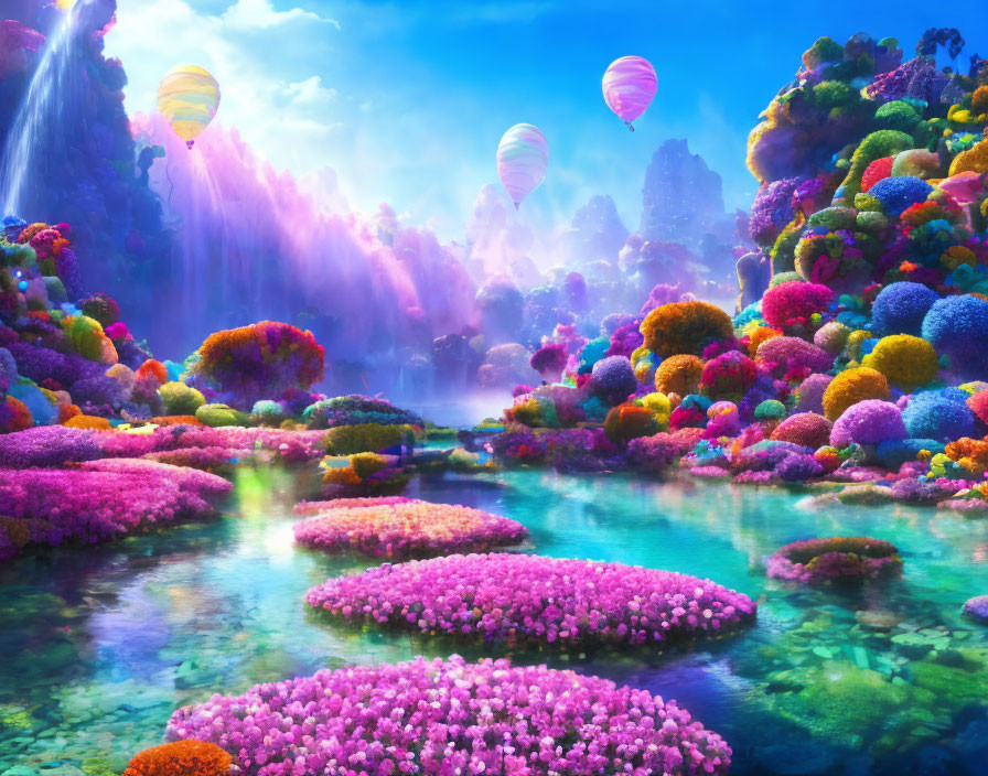 Colorful Fantasy Landscape with River, Waterfalls, and Hot Air Balloons