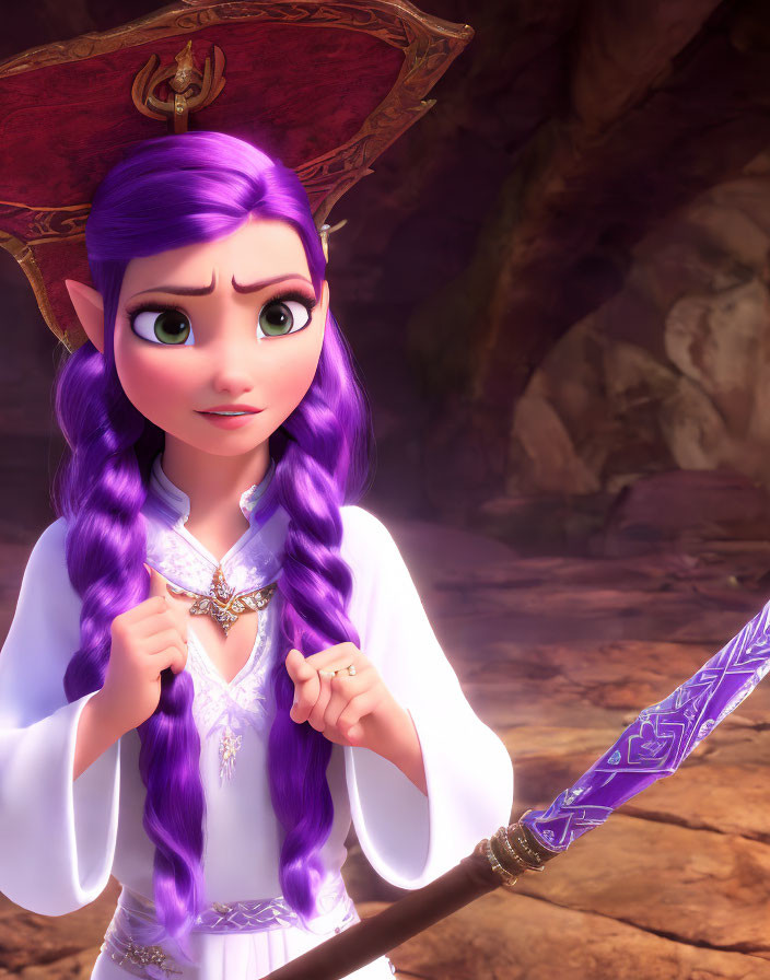 Purple-haired animated character with sword in white outfit - green-eyed and focused