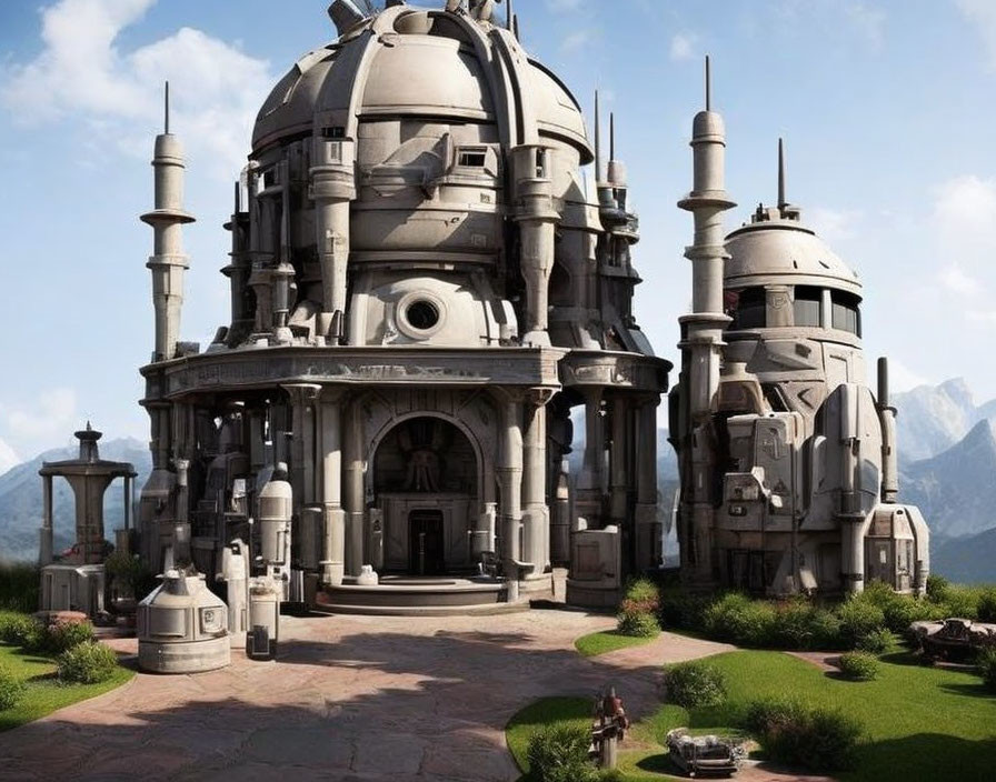 Sci-fi temple with domes and spires in mountainous setting