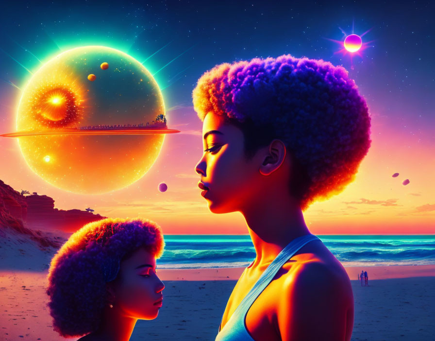 Digital art: Woman with afro in neon-lit sci-fi beachscape