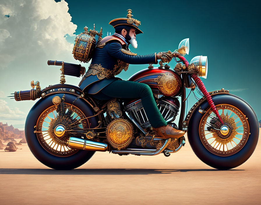 Bearded man in steampunk attire rides custom motorcycle in desert