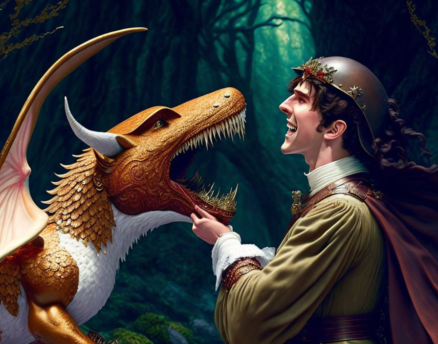 Medieval person with floral wreath helmet interacts with friendly dragon in enchanted forest