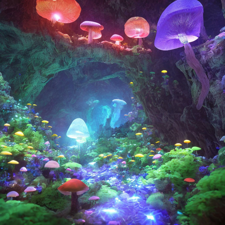 Colorful Mushrooms and Lush Greenery in Fantasy Forest