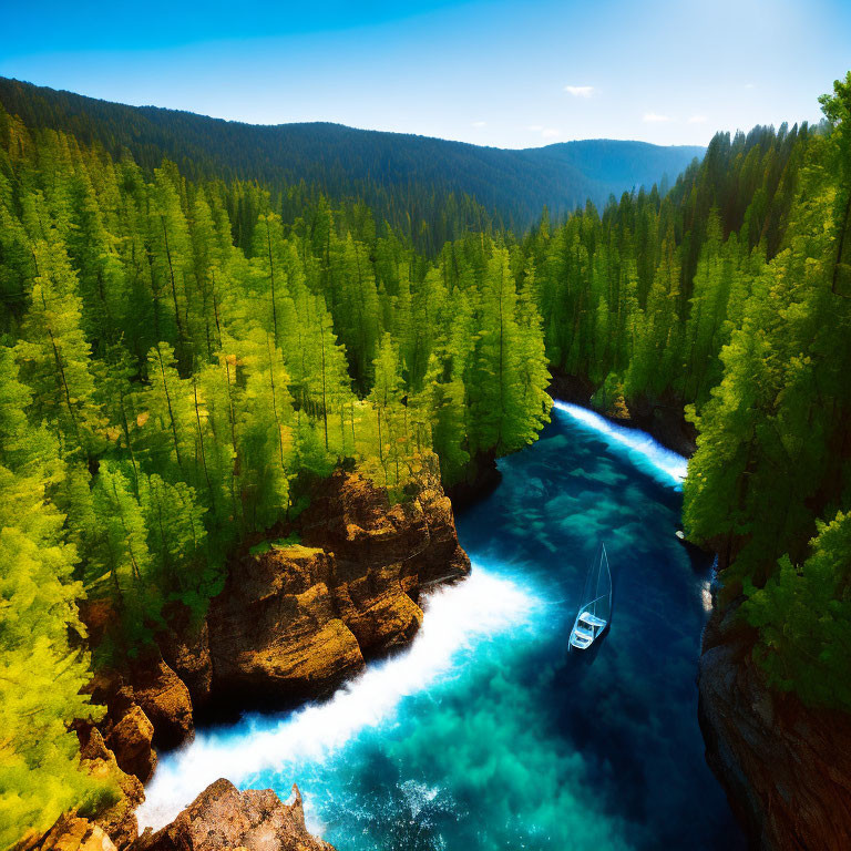 Sailboat on Turquoise River in Pine Forest