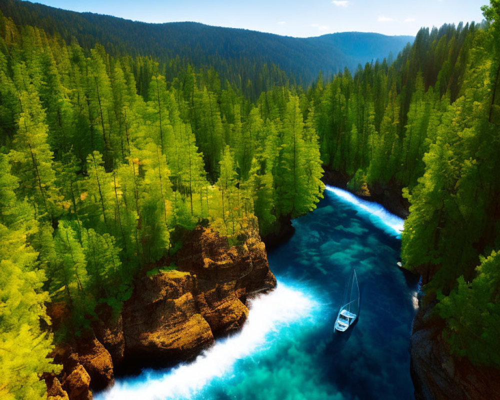 Sailboat on Turquoise River in Pine Forest