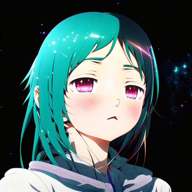 Turquoise-Haired Anime Girl in White Hoodie on Starry Background