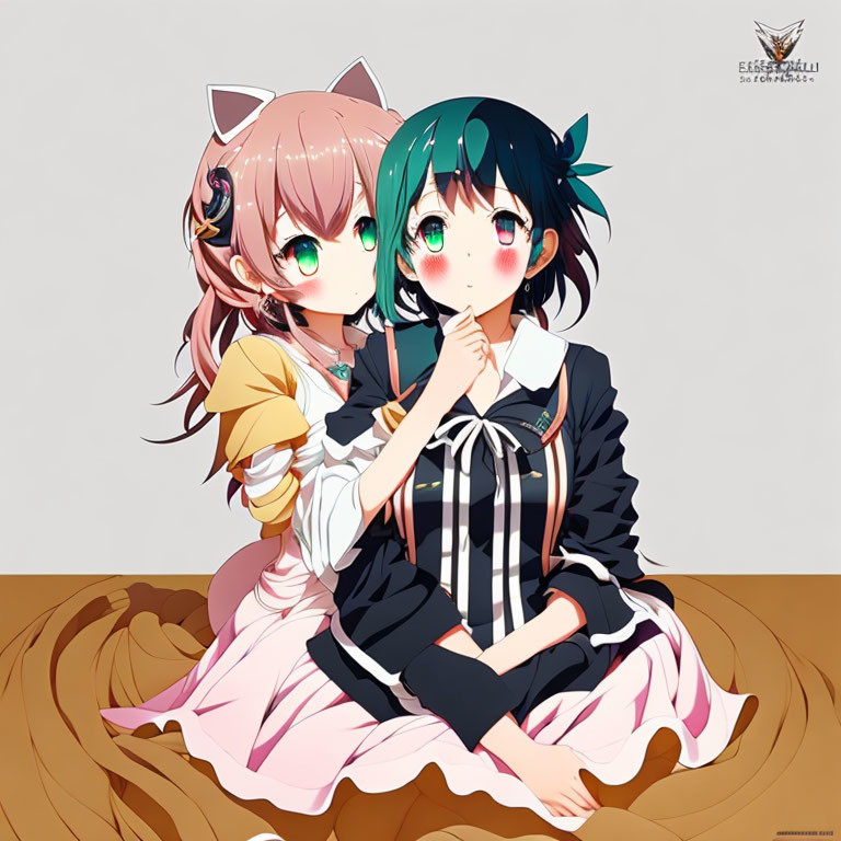 Anime girls with pink and teal hair sitting together with cat ears and lollipop.
