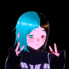 Character with Bright Blue Hair and Peace Sign Gesture