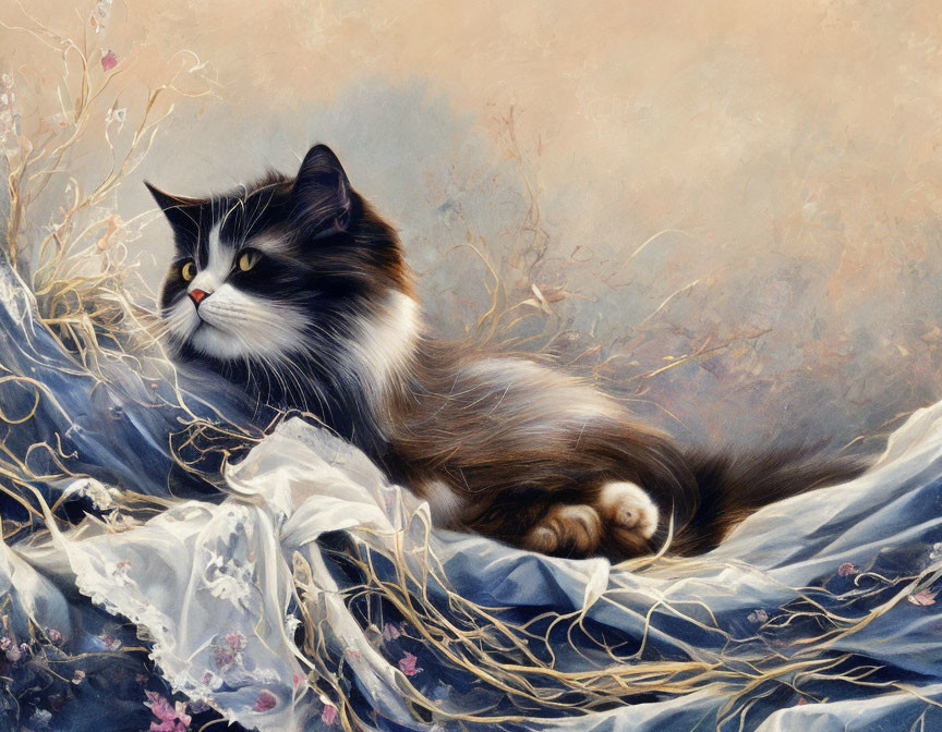 Black and White Fluffy Cat on Blue Fabric with Dreamy Background