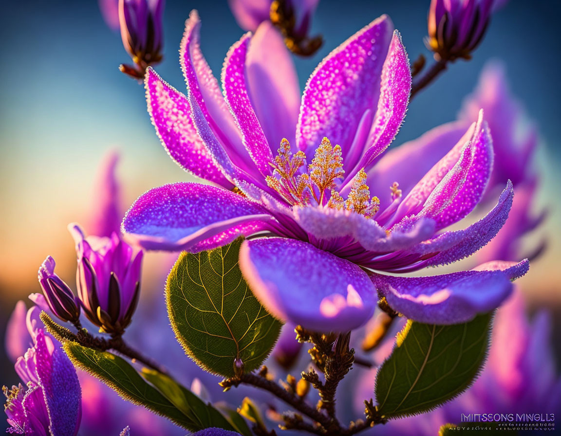 Vibrant purple magnolia flower with dewdrops on buds and sunset sky.