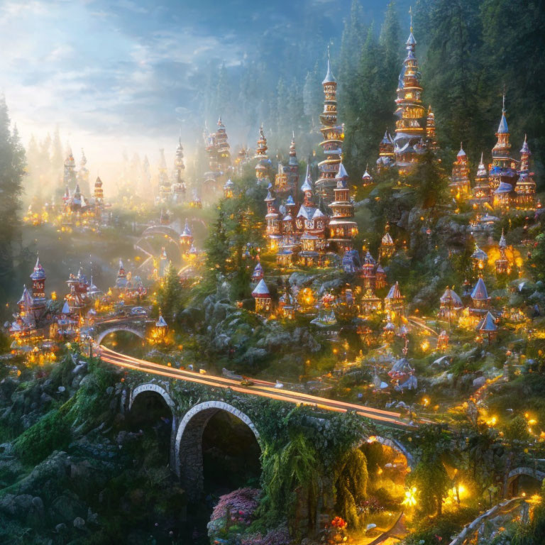 Fantastical mountain village with illuminated pagodas and stone bridge