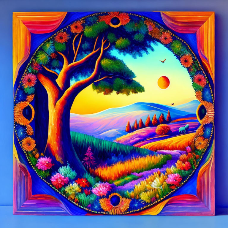 Colorful Circular Painting of Whimsical Landscape with Trees and Sunset