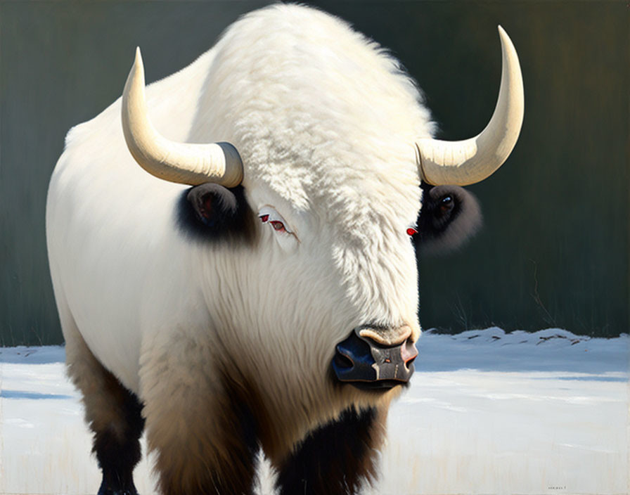 Realistic painting of white yak with red eyes and curved horns