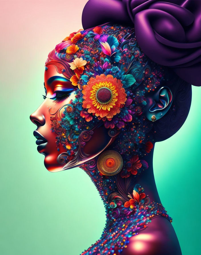 Colorful digital artwork featuring woman with floral head design