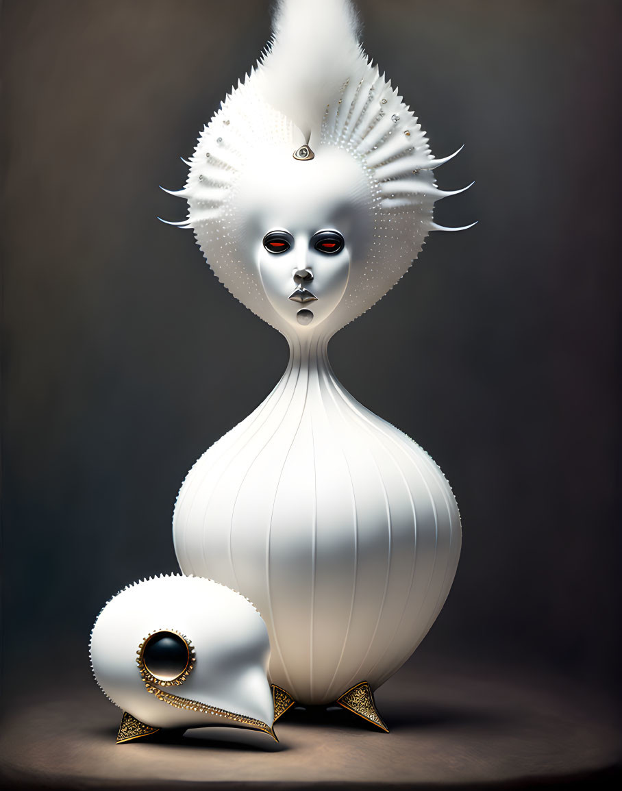 Abstract digital art: Surreal white sculptures with human-like faces and intricate textures