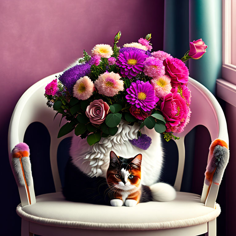 Calico cat on white chair with colorful flowers and purple backdrop