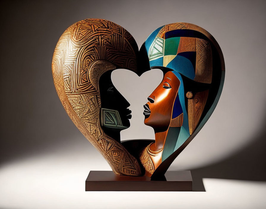 Heart-shaped sculpture with two profiles in negative space