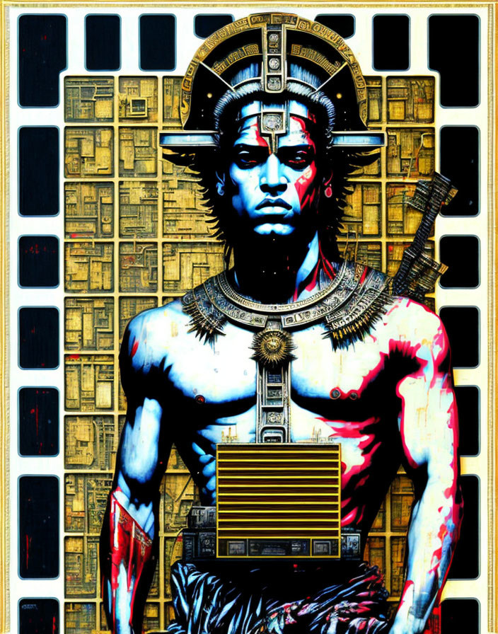 Colorful Egyptian-inspired figure with cassette player torso on hieroglyphic background