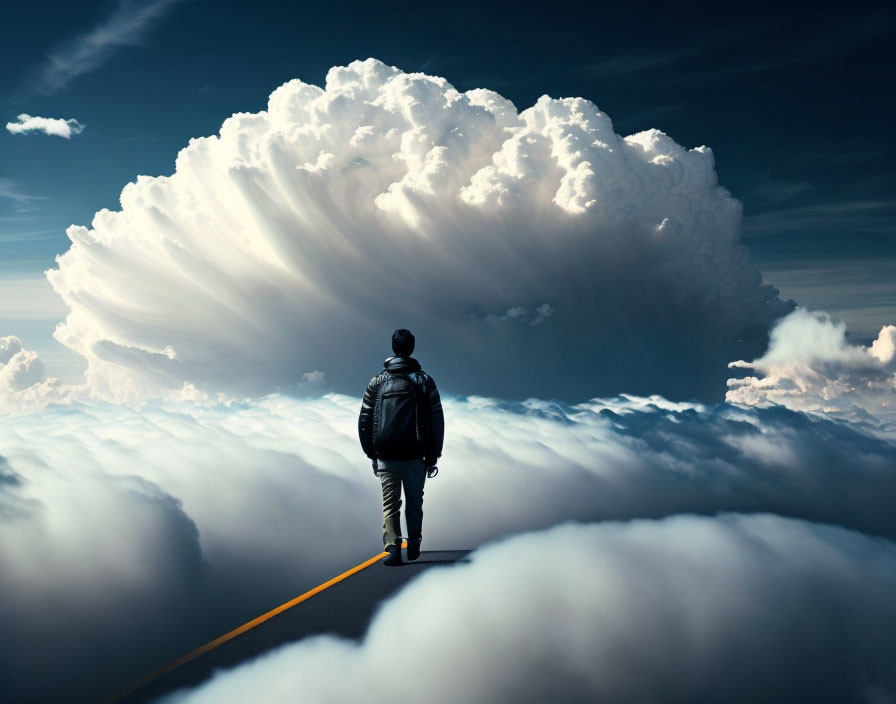 Person Walking on Road Towards Radiant Cloud in Cloudscape