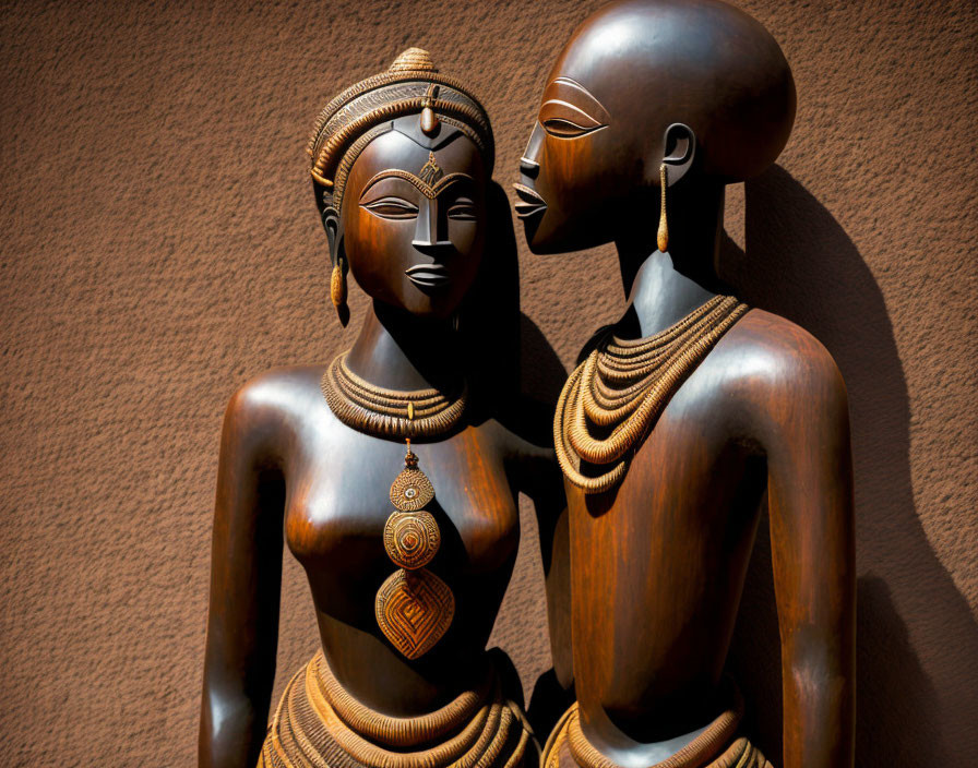 Stylized wooden sculptures of female figures with intricate jewelry on textured brown background