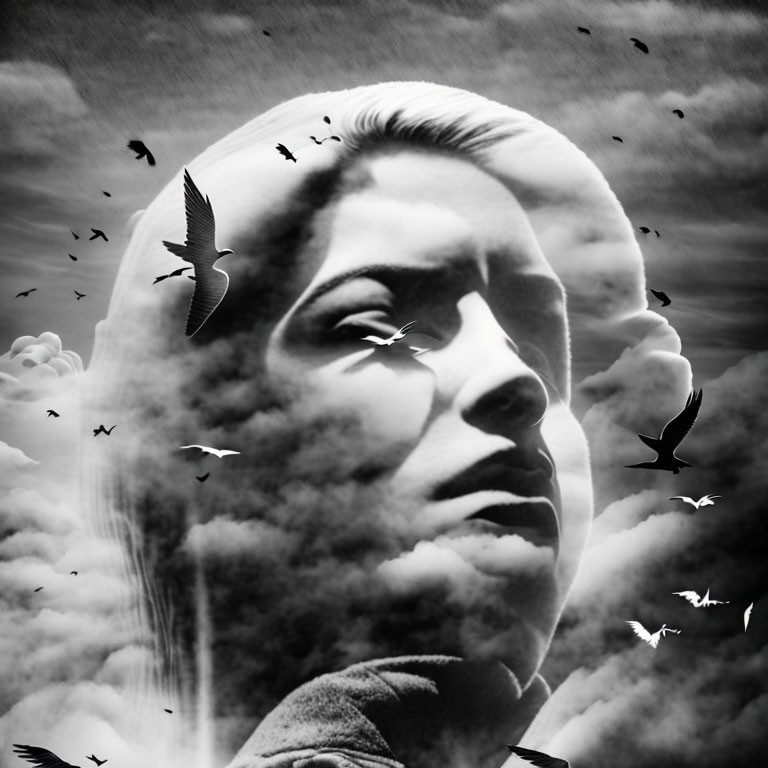 Monochrome portrait of a woman blending with sky and birds