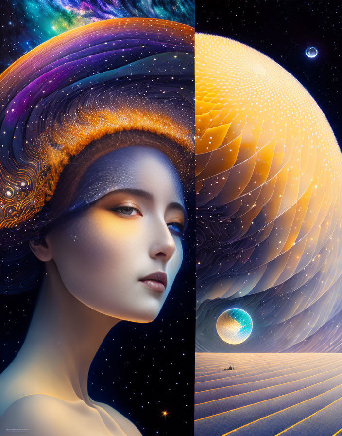 Digital artwork: Woman's portrait merges with cosmic elements, featuring galaxy hair and surreal planetary landscapes.