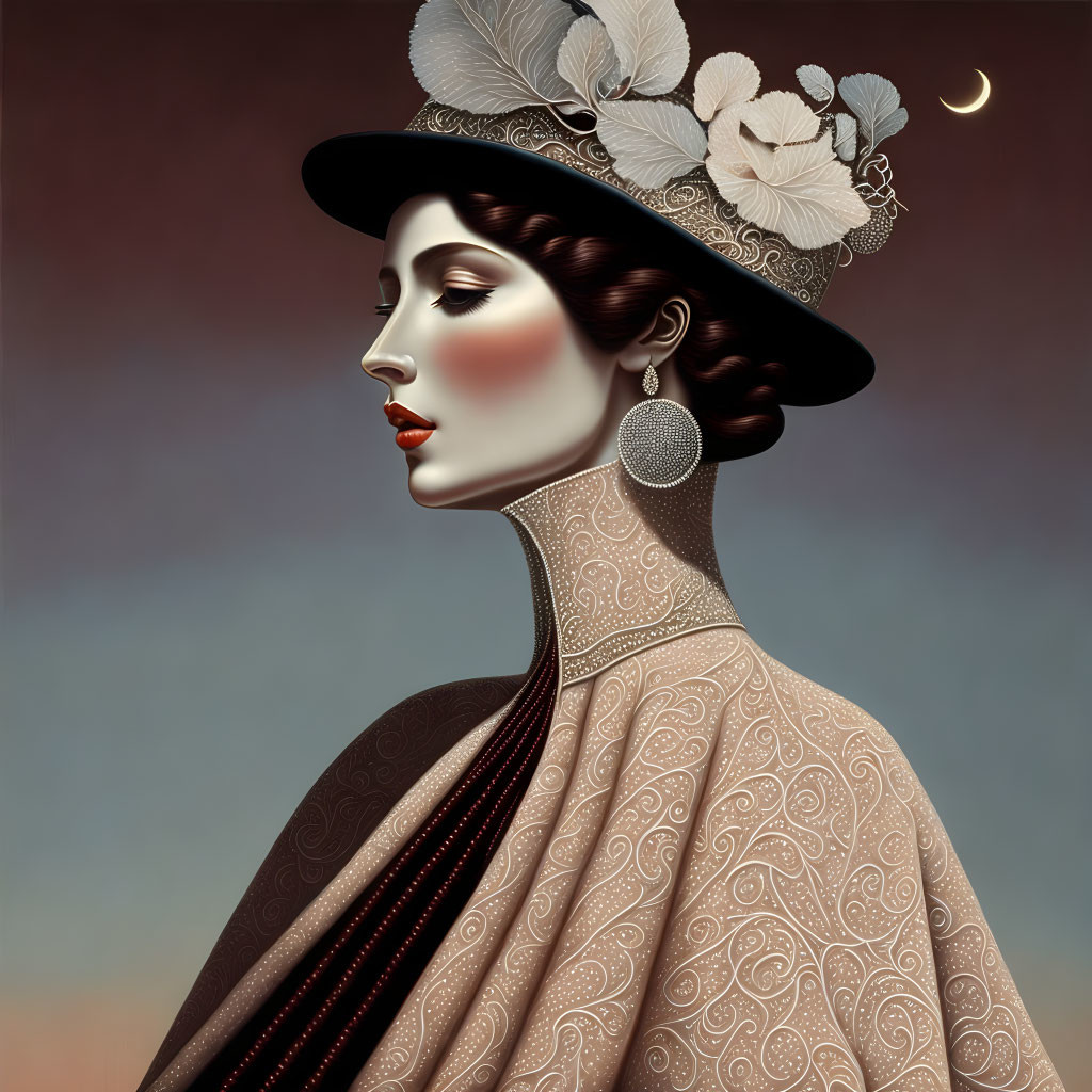 Portrait of Woman in Decorative Hat and Gown Against Twilight Sky