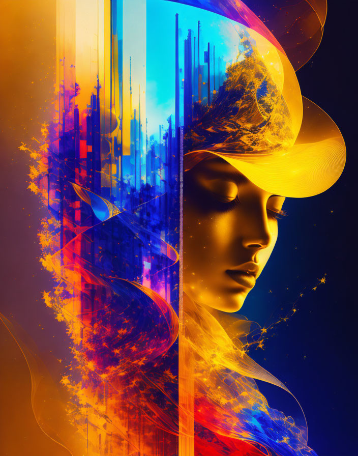 Colorful Digital Artwork: Person's Profile with Abstract Cityscape Elements