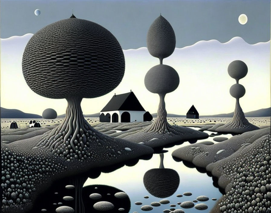 Surreal landscape with stylized trees, reflective water, houses under cloudy sky