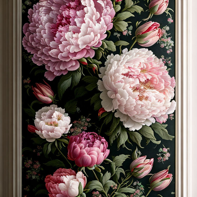 Large Pink Peonies Floral Wallpaper on Dark Background