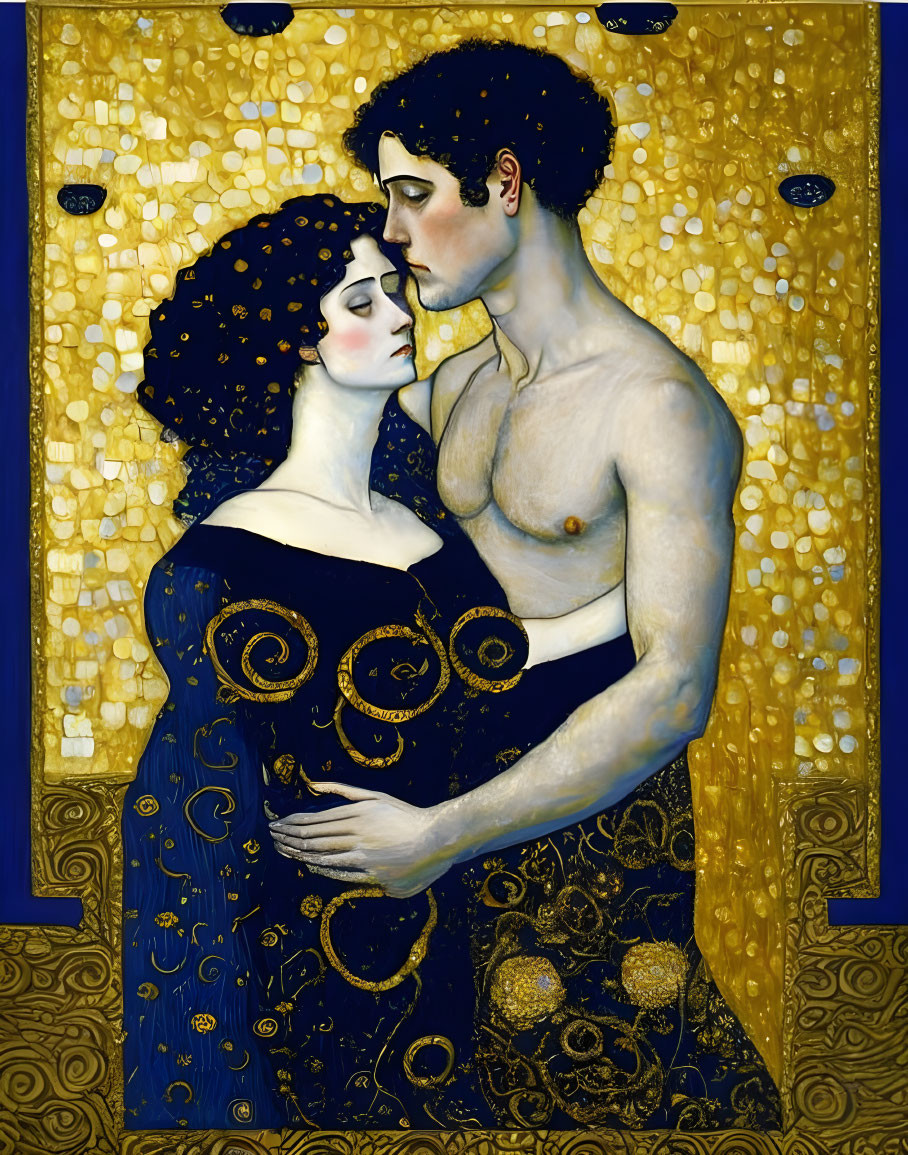 Art Nouveau style painting of a man and woman embracing with gold accents on blue background