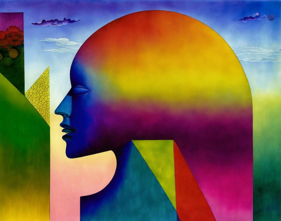 Profile silhouette with rainbow gradient & scenic elements in headspace