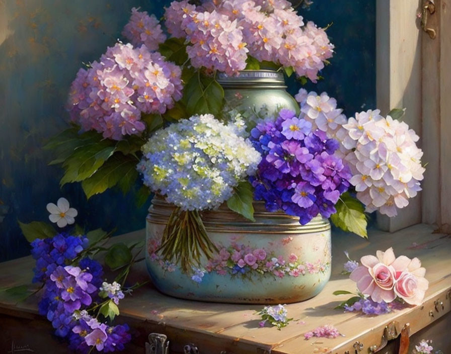 Hydrangeas and delicate flowers in ornate vase on wooden surface