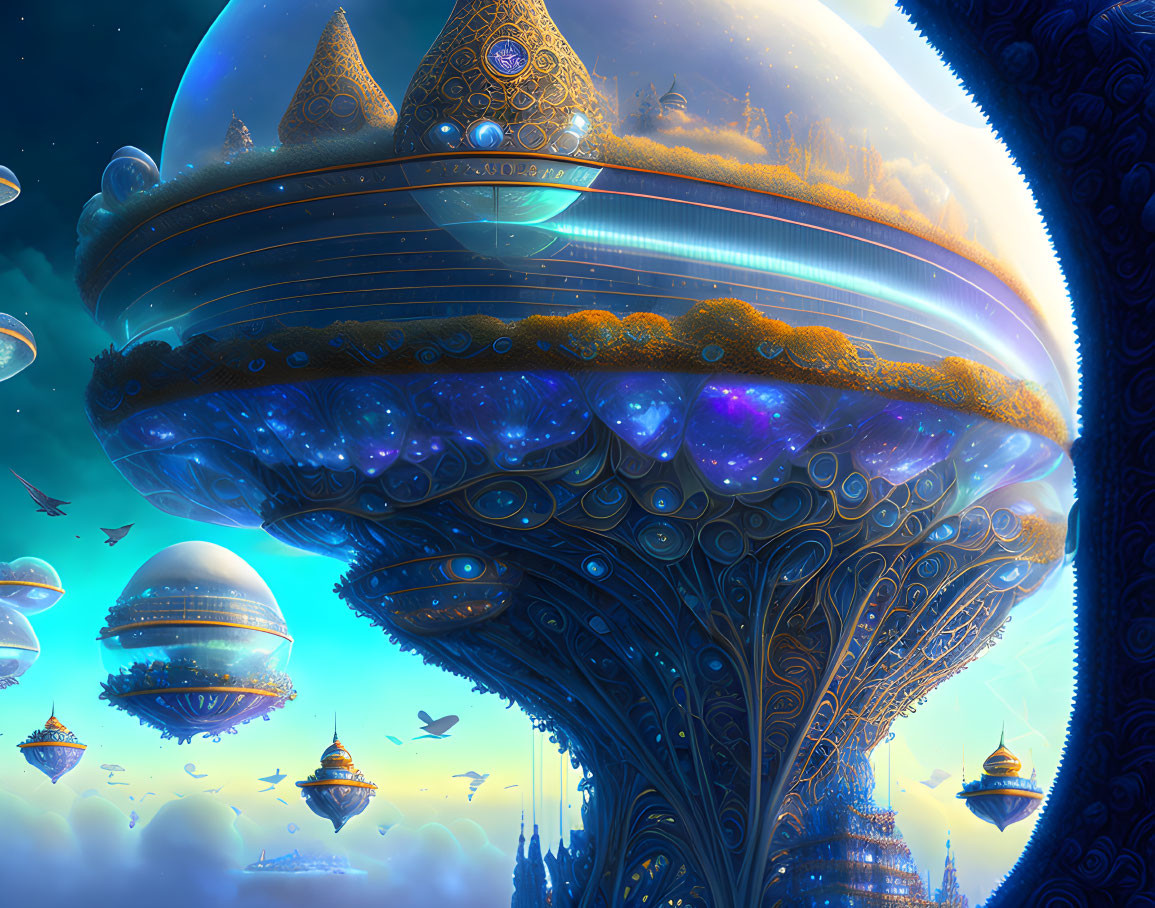 Fantastical city with blue-gold architecture on giant mushroom, twilight sky