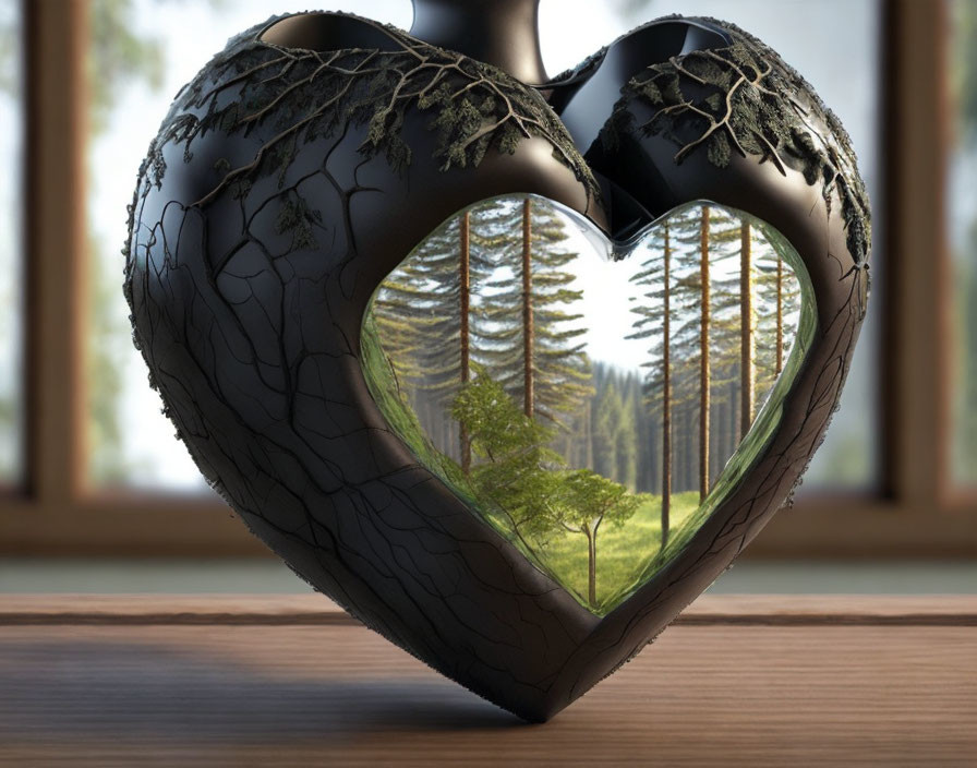 Heart-shaped reflective sculpture of lush forest scene on cracked surface near window