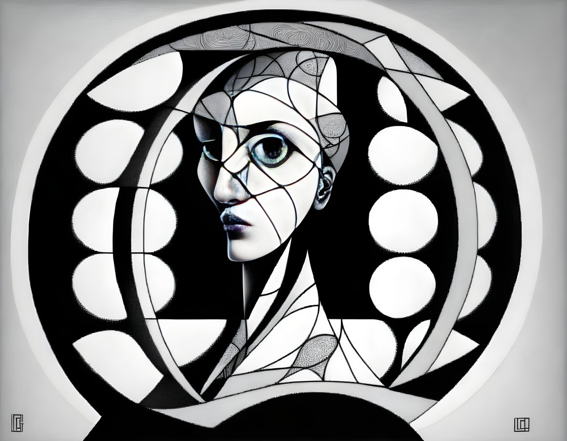 Monochrome digital artwork of woman's face with geometric patterns