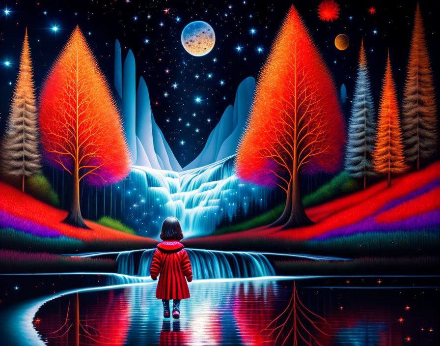 Child in red coat in vibrant, fantastical landscape with waterfall