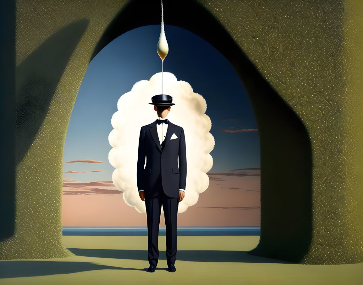 Man in bowler hat in surreal landscape with glowing orb and intricate archway